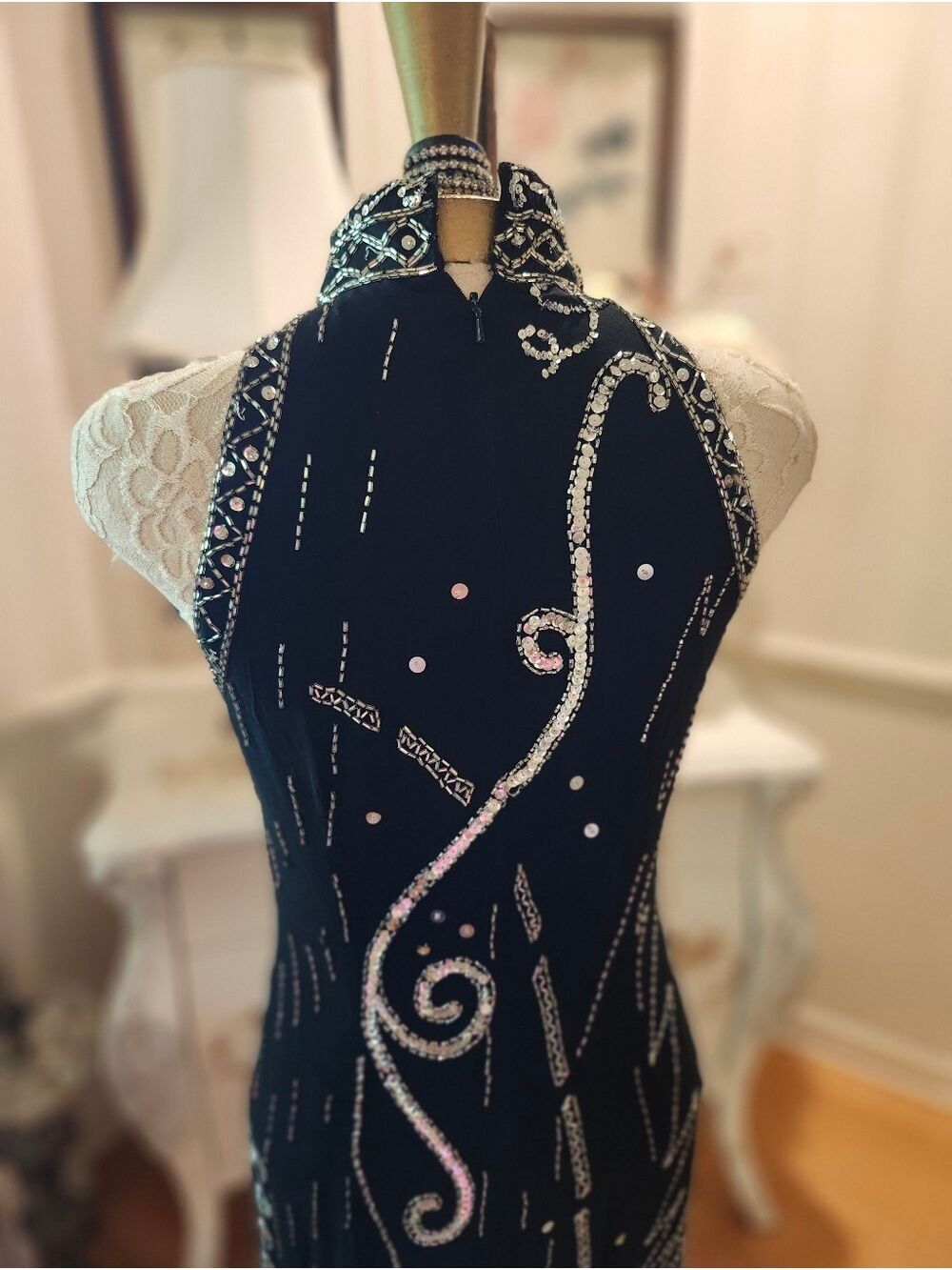 Vintage Lillie Rubin Art Deco Black & Silver Beaded Sequin Evening Dress 6 - Picture 7 of 11